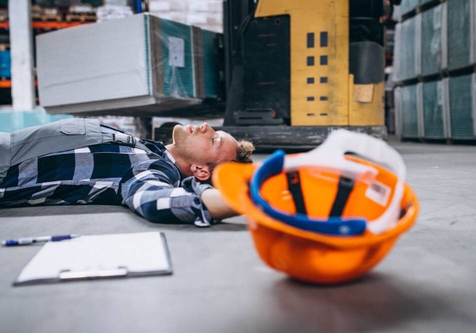 An accident at a warehouse, man on floor